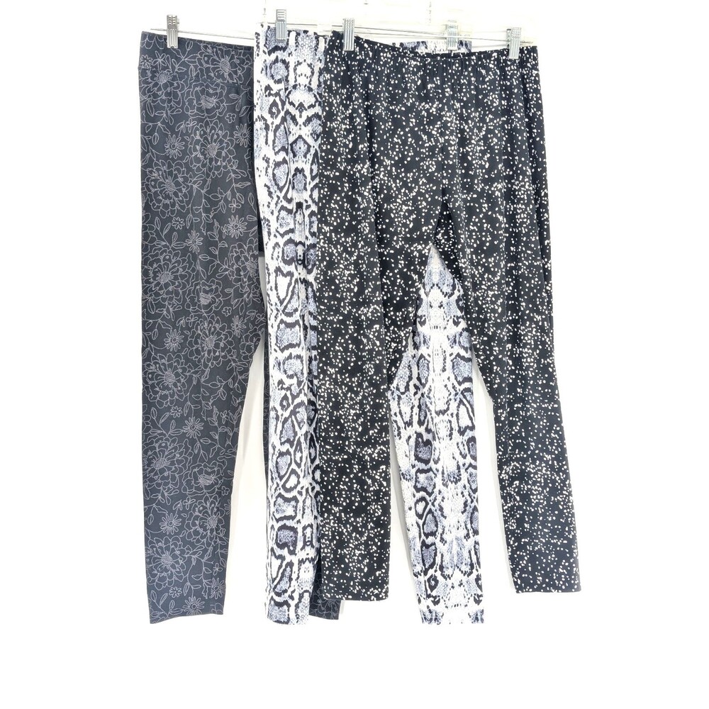 Black White Snakeskin Floral Polka Dot Casual Leggings Bundle of 3 Size Large